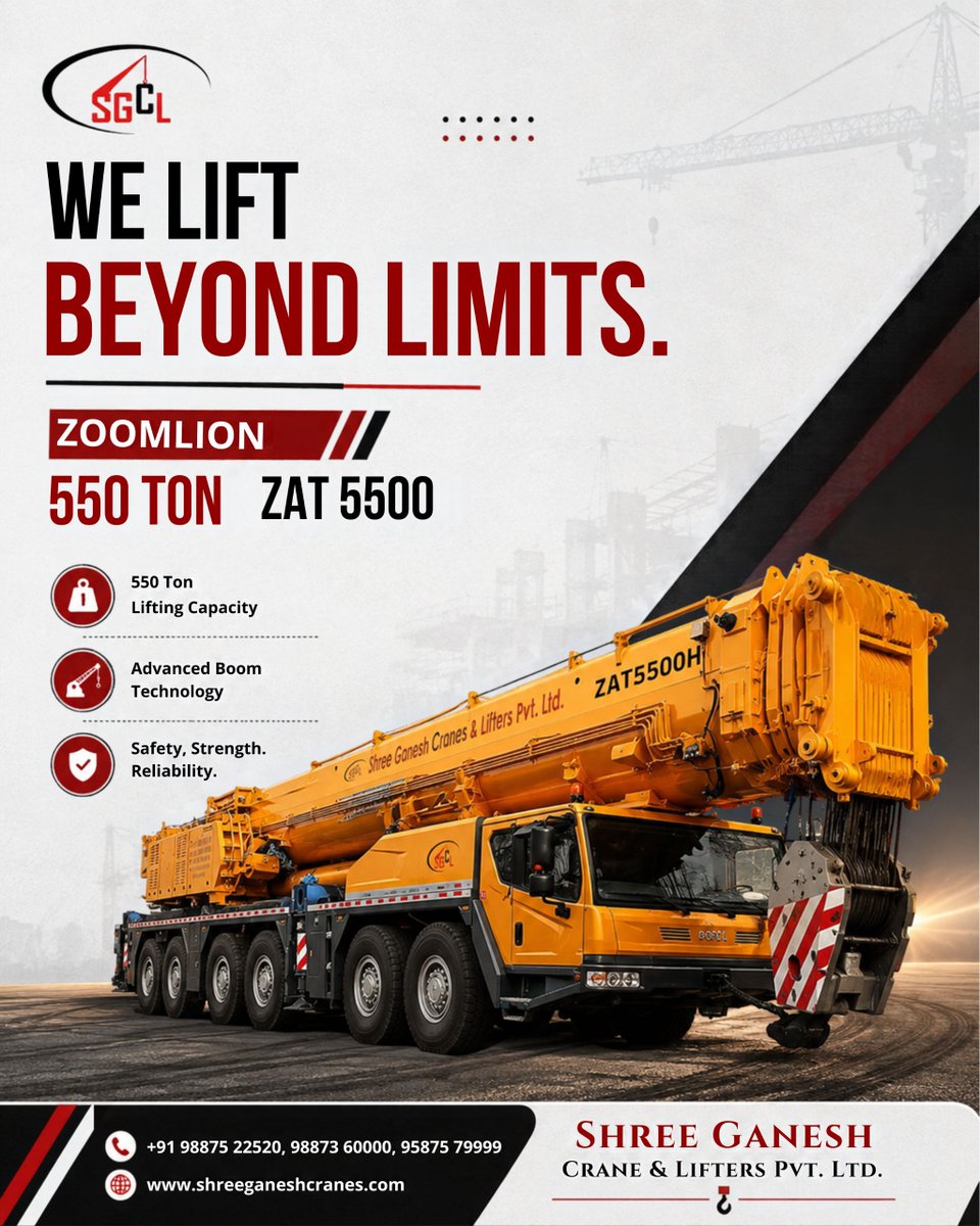 ShreeCrane's tweet photo. Power. Precision. Performance. 🏗️

Built for demanding lifting operations, the Zoomlion ZAT5500 delivers serious strength with a 550-ton lifting capacity and advanced boom technology.

📞 +91 98875 22520
🌐 https://t.co/wYu86YBp5j

#ShreeGaneshCrane #550TonCrane #ZAT5500 https://t.co/4ifeGs0onX