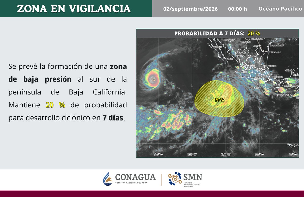 conagua_clima's tweet photo. ⚠️ El #SMNmx vigila la posible formación de una zona de #BajaPresión con potencial para desarrollar un #CiclónTropical en el océano #Pacífico.

🤓 Más información en la imagen. 👇 https://t.co/1BTfpIYUc0