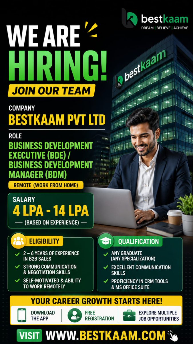 bestkaam's tweet photo. 🚨 WE ARE HIRING! ₹4–14 LPA 💼 Remote BDE/BDM Jobs | Apply Now!

🏠 Work Mode: Remote / Work From Home
💰 Salary: ₹4 LPA – ₹14 LPA
👥 Experience: 2–6 Years in B2B / IT Sales
🎓 Qualification: Any Graduate

Apply Now : https://t.co/KVFt0jIQ2x

#BDEJobs #BDMJobs #Bestkaam https://t.co/49NJgmGD9r