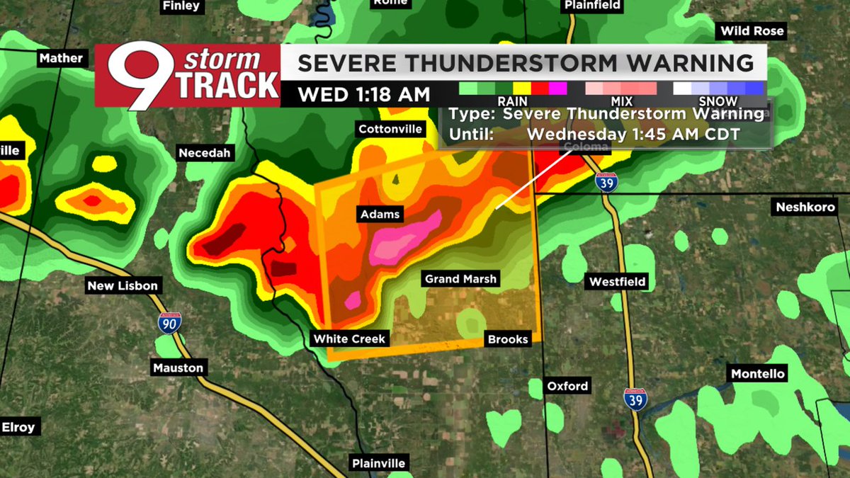 Stormtrack9's tweet photo. A *SEVERE THUNDERSTORM WARNING* is in effect for parts of Adams County until Sep 02 1:45AM CDT. Possible impacts include large hail, damaging winds, and heavy rain. Get to a safe place now if you're in the warned area. https://t.co/zv1x8Zn2Cz