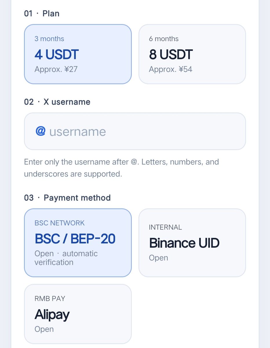 qqa16805's tweet photo. An X-Premium subscription

platform developed by Chinese

creators; get 3 months of access for just $4. Supports USDT and

Binance UID; the registration link is in the ts section.

Please share this.https://t.co/DbJQt04L4q https://t.co/hjlMKeyX3b