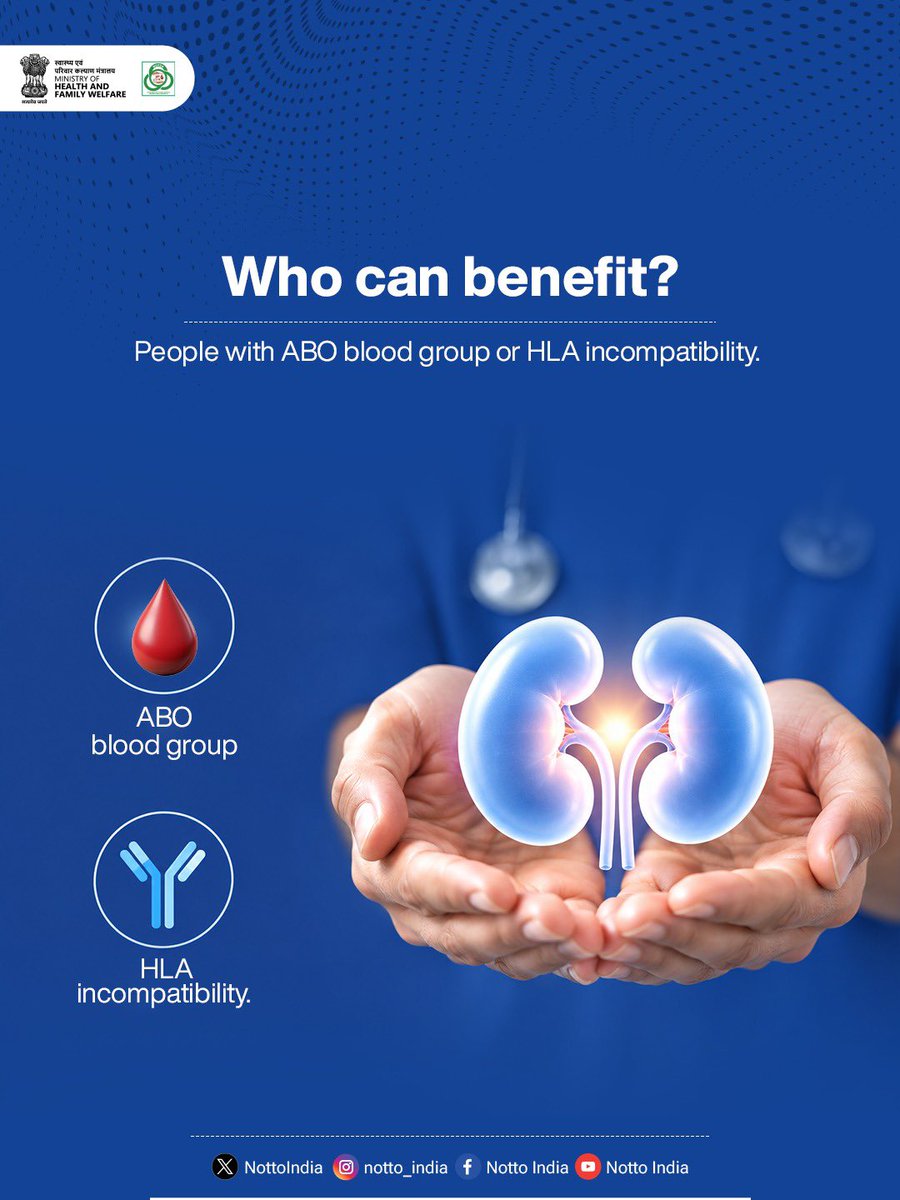 NottoIndia's tweet photo. No direct match? There may be another way.
SWAP transplantation connects incompatible donor-recipient pairs to help find a compatible kidney match.
Swipe to know how it works.
#SWAPTransplantation #KidneyTransplant #OrganDonation #NOTTO https://t.co/D7XhzsRlsQ