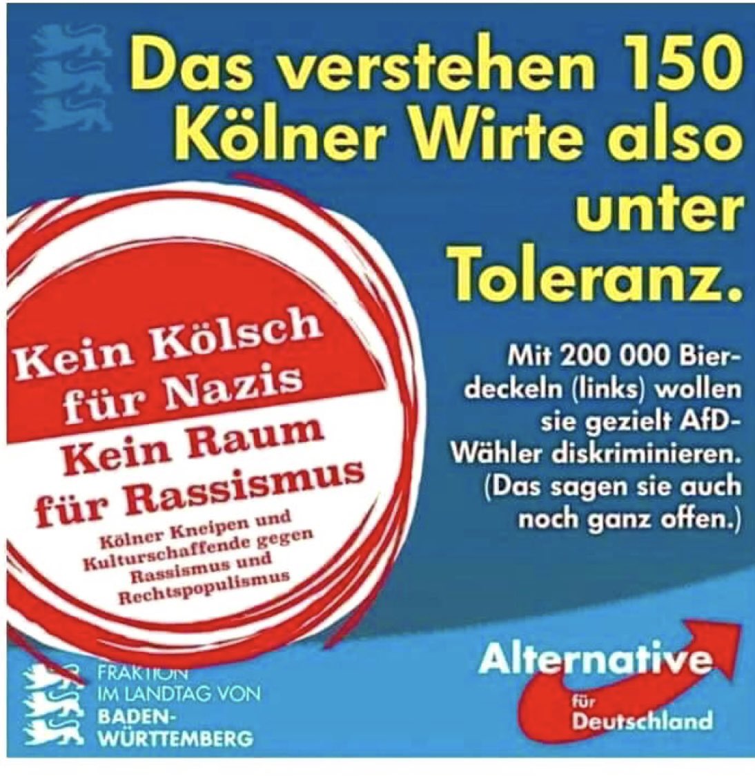 Faktencheck2030's tweet photo. ❓Wo steht auf diesem Bierdeckel eigentlich „AfD“?

Dort steht lediglich: „Kein Kölsch für Nazis. Kein Raum für Rassismus.“

Kein Wort von der AfD. Kein Wort von AfD-Wählern.

Und trotzdem erklärte ausgerechnet die AfD-Fraktion Baden-Württemberg, damit würden gezielt AfD-Wähler diskriminiert.

Das eigentlich Erstaunliche daran: Die Zuordnung hat die 💙AfD selbst vorgenommen.

Wer auf den Satz „Kein Kölsch für Nazis“ mit „Ihr diskriminiert AfD-Wähler!“ reagiert, sollte vielleicht erklären, warum er AfD-Wähler überhaupt angesprochen sieht.

Manchmal braucht politische Aufklärung keine lange Analyse. Man muss nur genau hinsehen, wer sich angesprochen fühlt.👀
#AFDzerstörtDeutschland 
#AfDmachtDummenochDümmer