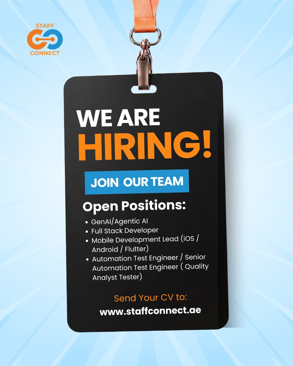 staffconnectuae's tweet photo. We are hiring! 🚀
📩 Apply now or submit your CV: https://t.co/sAEUubdmk1
#staffconnect #hiringalert #techjobsdubai #dubaicareers #genai #fullstackdeveloper #mobileappdeveloper #flutterdev #iosdeveloper #androiddev #dubaijobs #techrecruitment #nowhiring #careeropportunity https://t.co/c5XPh6FSXK