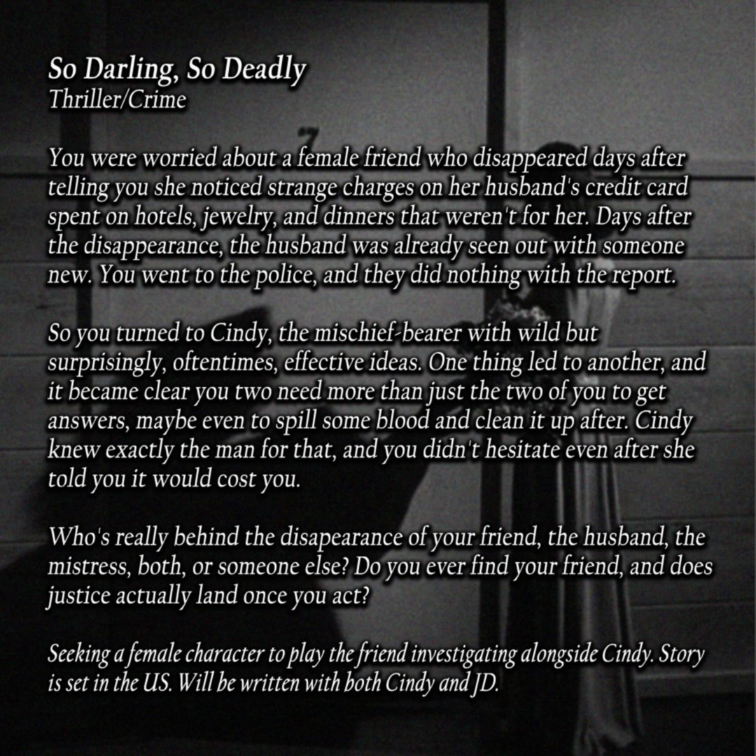 7inchesunder's tweet photo. Seeking for a female to play the friend investigating this whodunnit case alongside Cindy. NSFW. Set in the US. Will be written with both Cindy and JD. https://t.co/g8Ahb1oggJ