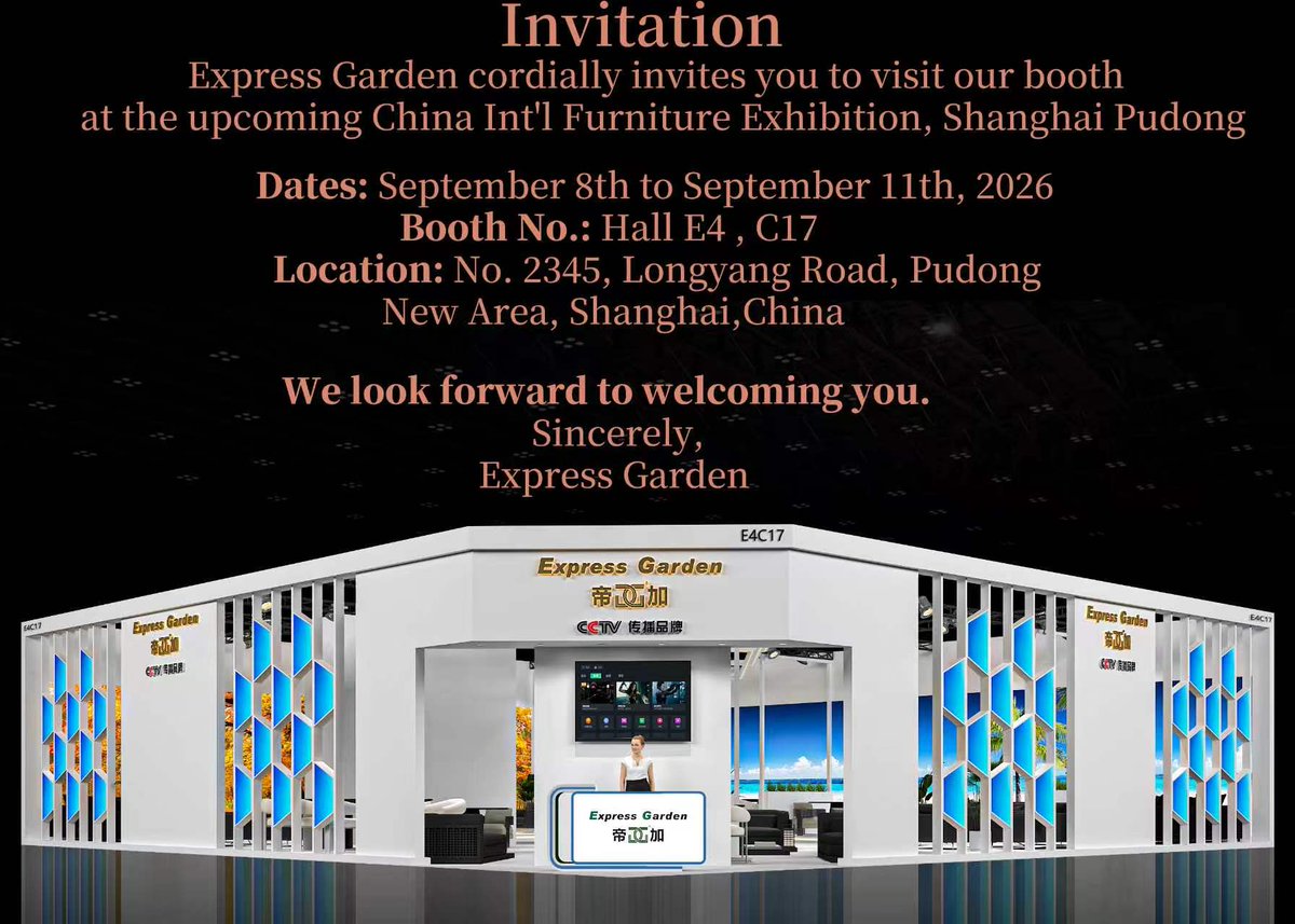 expressgardenm1's tweet photo. ✨ New products are coming! Meet Express Garden at Furniture China 2026, Sept. 8–11, Hall E4 C17, Shanghai. Discover our latest outdoor furniture designs.

📧 sandy@express-garden.com

🌐 https://t.co/6KKzhmK5vC

#expressgarden #furniturechina2026 #outdoorfurniture #newproducts https://t.co/U7twYsNYy7