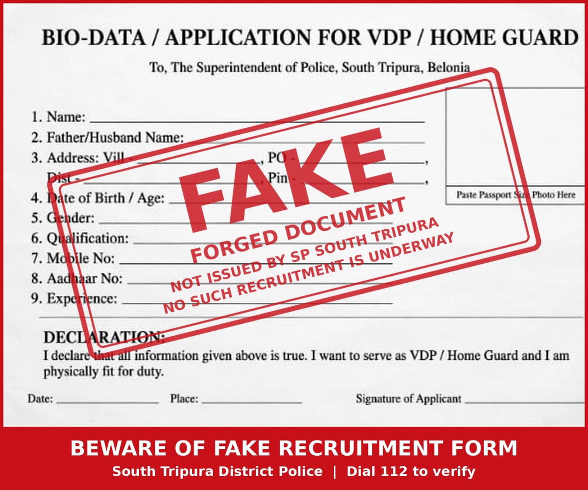 SPSouth2's tweet photo. ⚠️ PUBLIC NOTICE | BEWARE OF FAKE RECRUITMENT FORM
A fake “Bio-Data / Application for VDP / Home Guard” form addressed to SP, South Tripura, Belonia is being circulated on social media.

No such form or recruitment has been issued/conducted.

❌ Do not fill/share it.
❌ Do not pay anyone.
❌ Do not share Aadhaar, photos or personal details.

For any such approach, inform the nearest PS or dial 112. Legal action will be taken against those circulating the fake form.
@tripura_cmo 
@Tripura_Police 
@southtripuraDM