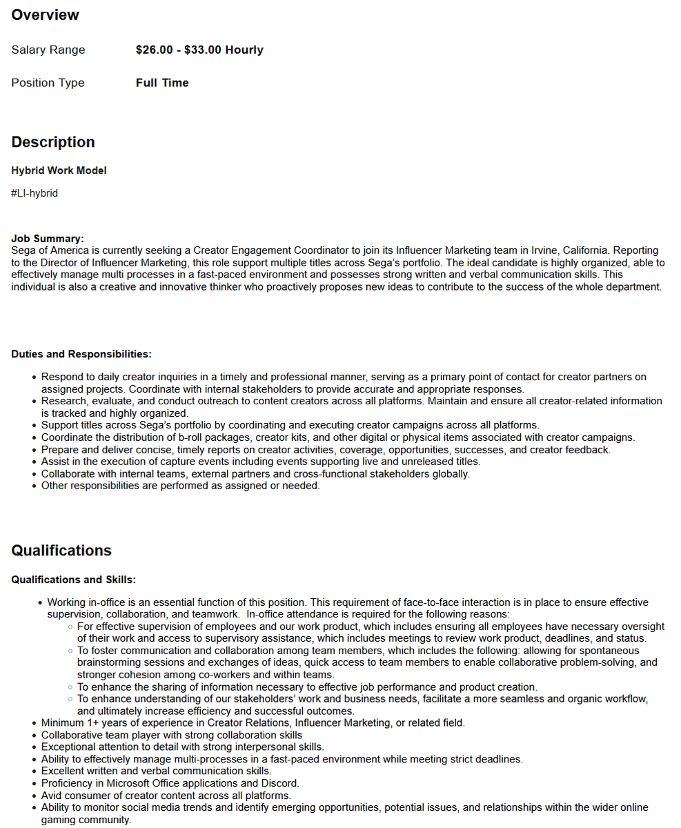 zackreese's tweet photo. SEGA is hiring a Creator Engagement Coordinator - an almost entry level position (1+ years experience) for those who want to help us out. Even if you only have extensive creator experience, I could see folks getting a real chance with this one. https://t.co/LDJuL5RgfR https://t.co/oM1B5mQjMq