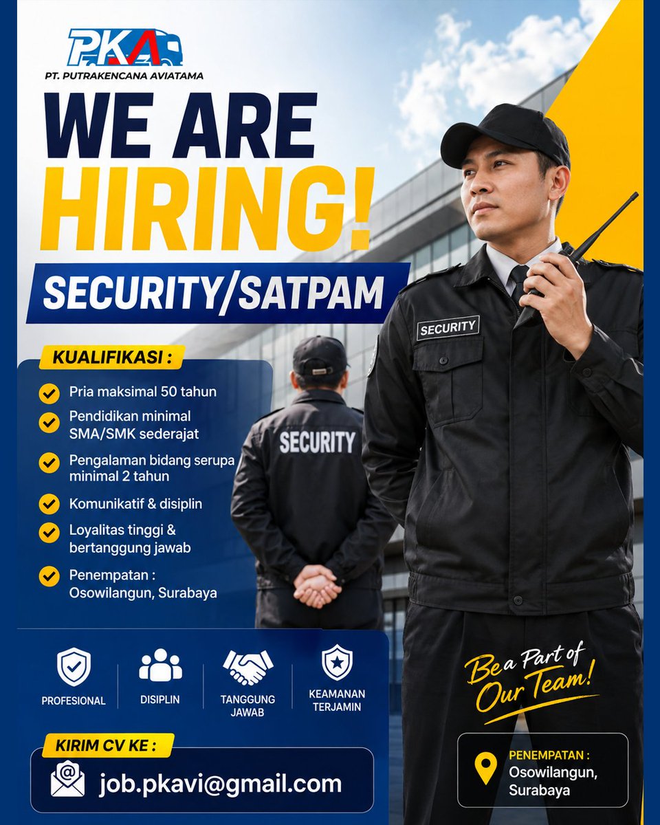 lokersbyterbaru's tweet photo. PT. Putrakencana Aviatama (Transportasi Trucking &amp; Solar Industri Pertamina) membuka lowongan Security/Satpam
📍 Penempatan : Pergudangan Osowilangun, Surabaya

✅ Pria - Maksimal 50 Tahun
✅ Minimal SMA/SMK sederajat

Kirim Lamaran ke Email : job.pkavi@gmail.com https://t.co/1fG6FgM0KV