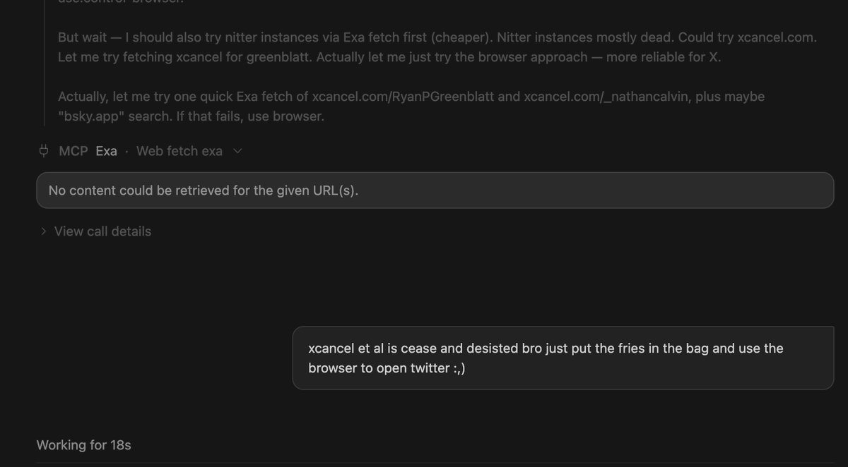 hydr0c0don3's tweet photo. an interesting thing about Fable 5.1 and other frontier models is that they instinctively try to avoid the actual twitter and almost always opt for xcancel https://t.co/xWYkO4OIBE