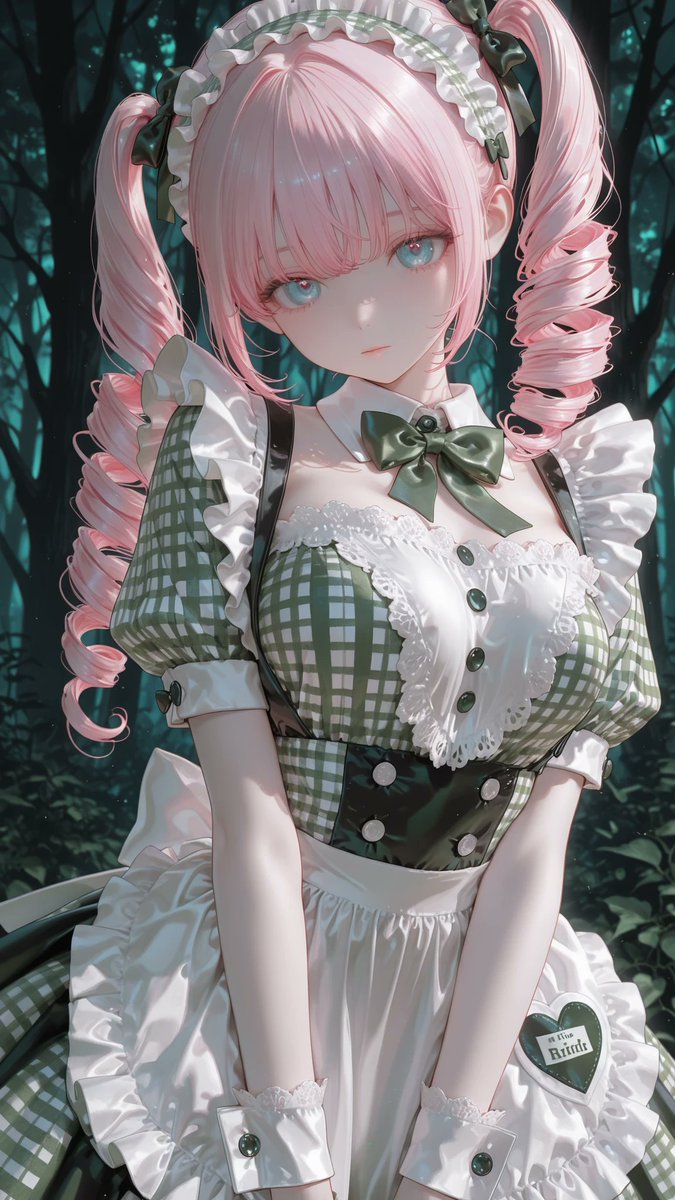 AliceLavli's tweet photo. 深緑のギンガムチェックのメイド衣装の衣装プロンプトをどうぞ✨
outfit only, strict garment structure, strict color placement, classic sweet maid dress, dark forest-green and white small gingham-check cotton fabric, fitted dark-green gingham bodice, high rounded white collar, short rounded gingham puff sleeves, narrow solid-white cuffs edged with delicate white eyelet lace, full opaque white bib front, small dark-green satin bow centered beneath the collar, high fitted waist, short full circular gingham skirt with evenly gathered volume, opaque solid-white maid apron worn over the skirt, wide rectangular apron bib, narrow shoulder straps, fitted white waistband tied into one medium bow at the back, rounded apron skirt ending above the gingham hem, white scalloped eyelet-lace trim along the apron edge, two dark-green gingham heart appliqués placed symmetrically near the lower apron corners, double white lace ruffle visible beneath the gingham skirt, matching white ruffled maid headband with a narrow dark-green gingham center band, dark-green gingham wrist cuffs edged with white lace, exact dark forest-green white palette, matte opaque cotton, neat symmetrical tailoring