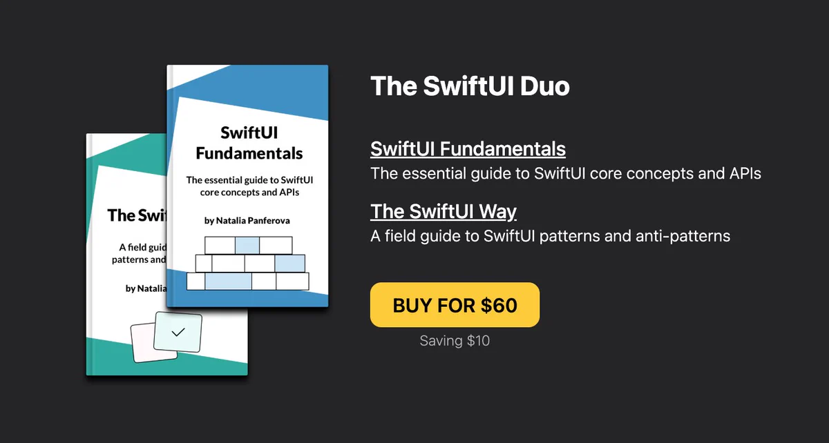 Screenshot of The SwiftUI Duo bundle on the Nil Coalescing Books website, showing the covers of SwiftUI Fundamentals and The SwiftUI Way, brief descriptions of both books, and a button to buy the bundle for $60, saving $10