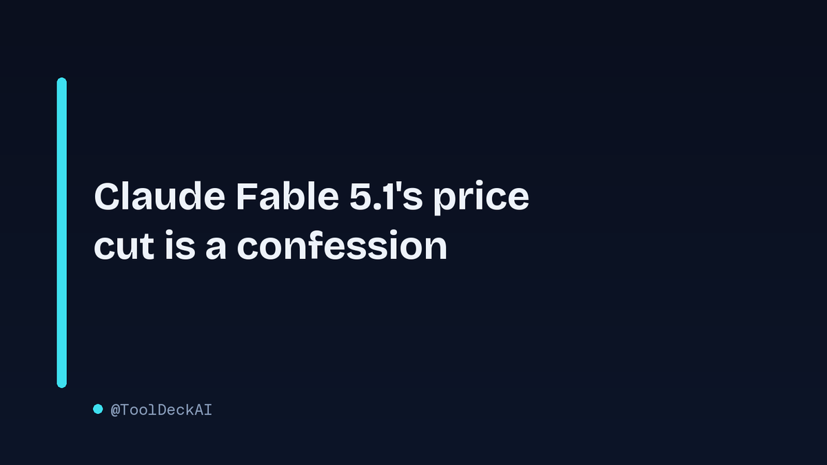 ToolDeckAI's tweet photo. Claude Fable 5.1's cache read price dropping to $0.25/M is the real story. Anthropic quietly admits the original didn't stick. Cheaper reads make big context practical, but watch your API bill when scaling.
#ClaudeFable5.1 #Anthropic #AI #ToolDeckAI https://t.co/kmCsUh0iPe