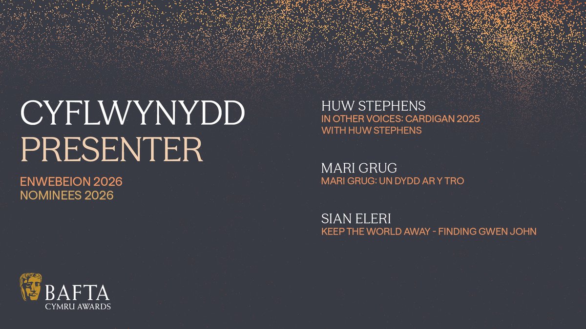 BAFTACymru's tweet photo. Enwebeion / Nominees
🎤 Cyflwynydd / Presenter 🎤

✨ HUW STEPHENS – Other Voices: Cardigan 2025 with Huw Stephens
✨ MARI GRUG – Mari Grug: Un Dydd Ar Y Tro 
✨ SIAN ELERI – Keep the World Away – Finding Gwen John 

#BAFTACymruAwards https://t.co/WakFIzInzA