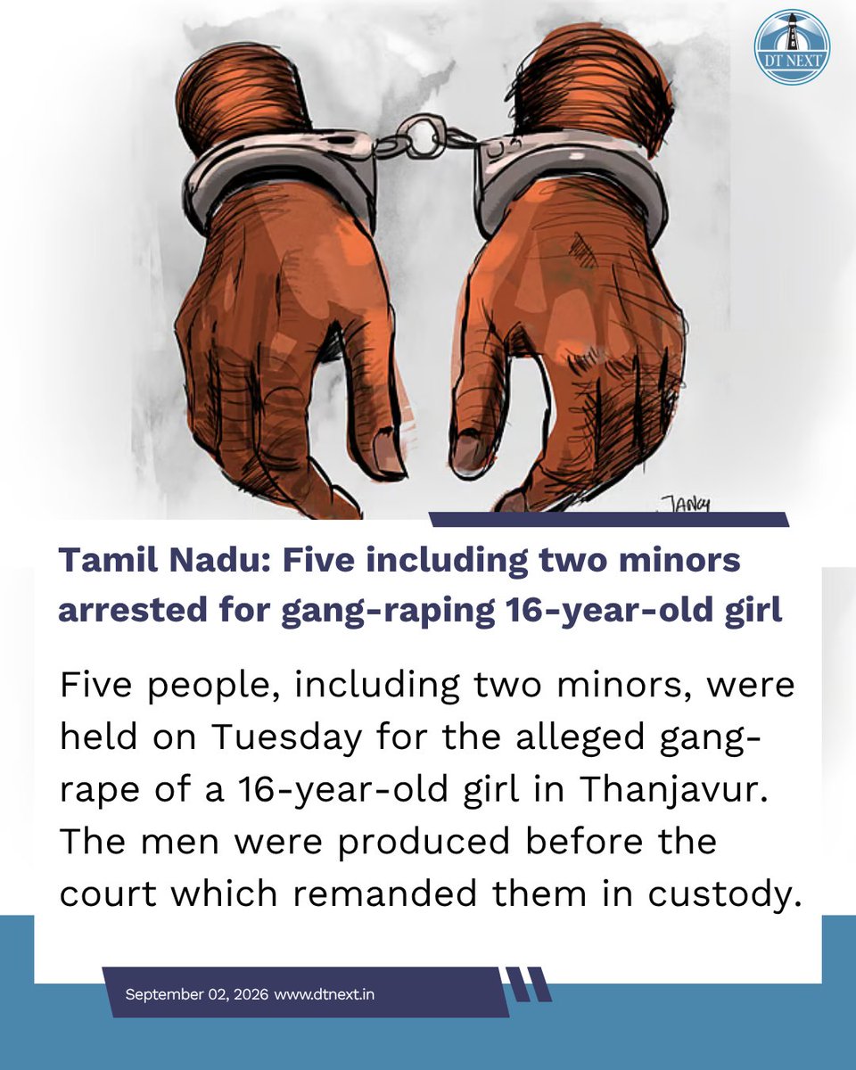 dt_next's tweet photo. Five people, including two minors, were held on Tuesday for the alleged gang-rape of 16-year-old girl in Thanjavur. The men were produced before the court which remanded them in custody. 

https://t.co/7tAsHk5s7X

#DTNext #TamilNadu #Thanjavur #Rape #GangRape #Assault https://t.co/wEhdlebXiE