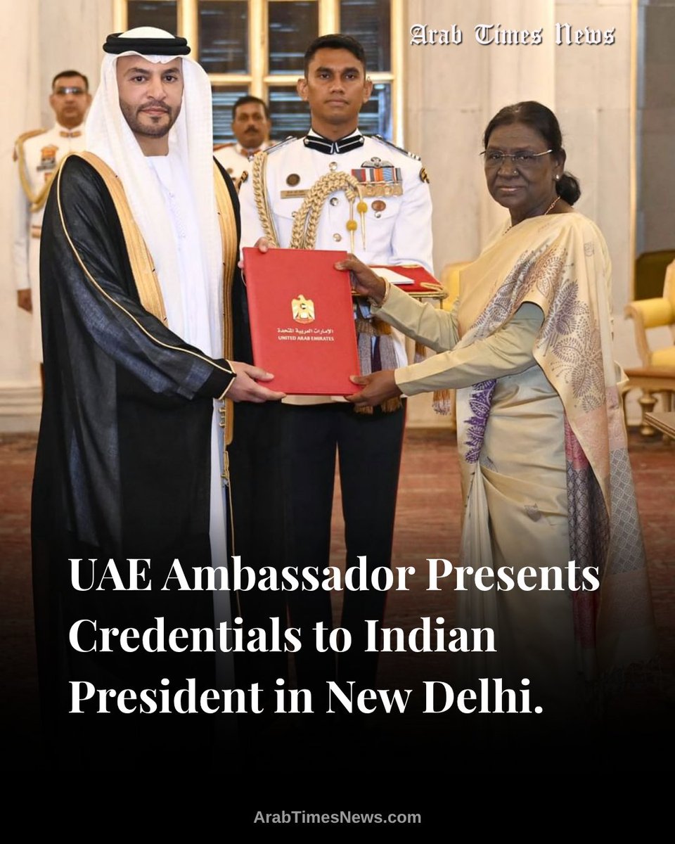 arabtimesnews's tweet photo. Abdulla Saif Al Nuaimi presented his credentials as UAE Ambassador to India to President Droupadi Murmu at Rashtrapati Bhavan in New Delhi. During the meeting, both sides reaffirmed their commitment to strengthening the UAE-India comprehensive strategic partnership and expanding cooperation across multiple sectors.

#UAE #India #Diplomacy #UAEIndia #NewDelhi