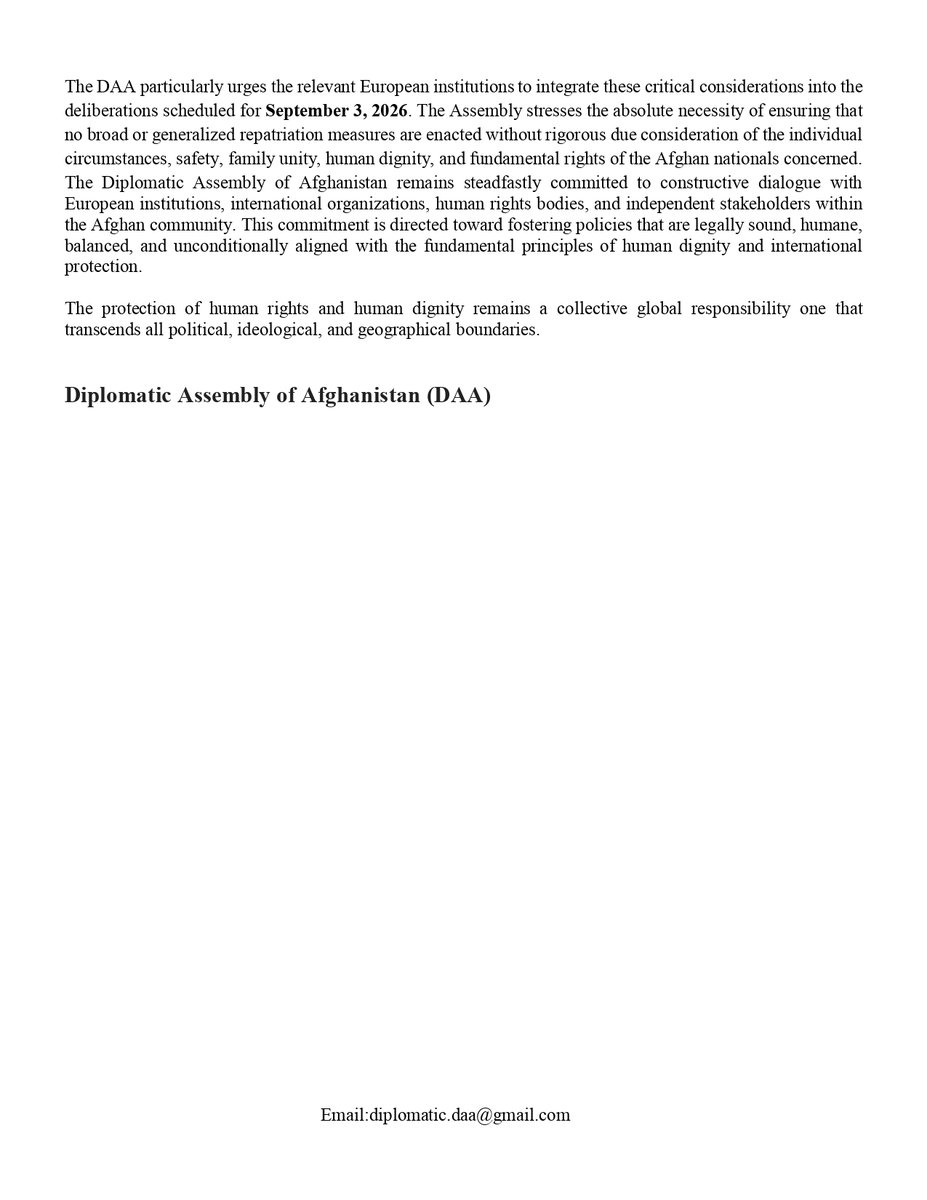 AssemblyDa30624's tweet photo. Official Statement of the Diplomatic Assembly of Afghanistan On the Protection of Human Rights and Afghan Nationals in Return and Migration Processes in the European Union

#Afghanistan #EU #EuropeanParliament #HumanRights #EUinstitutions #UNHCR #IOM #humanrightsorganizations https://t.co/v8hyi2NgVx