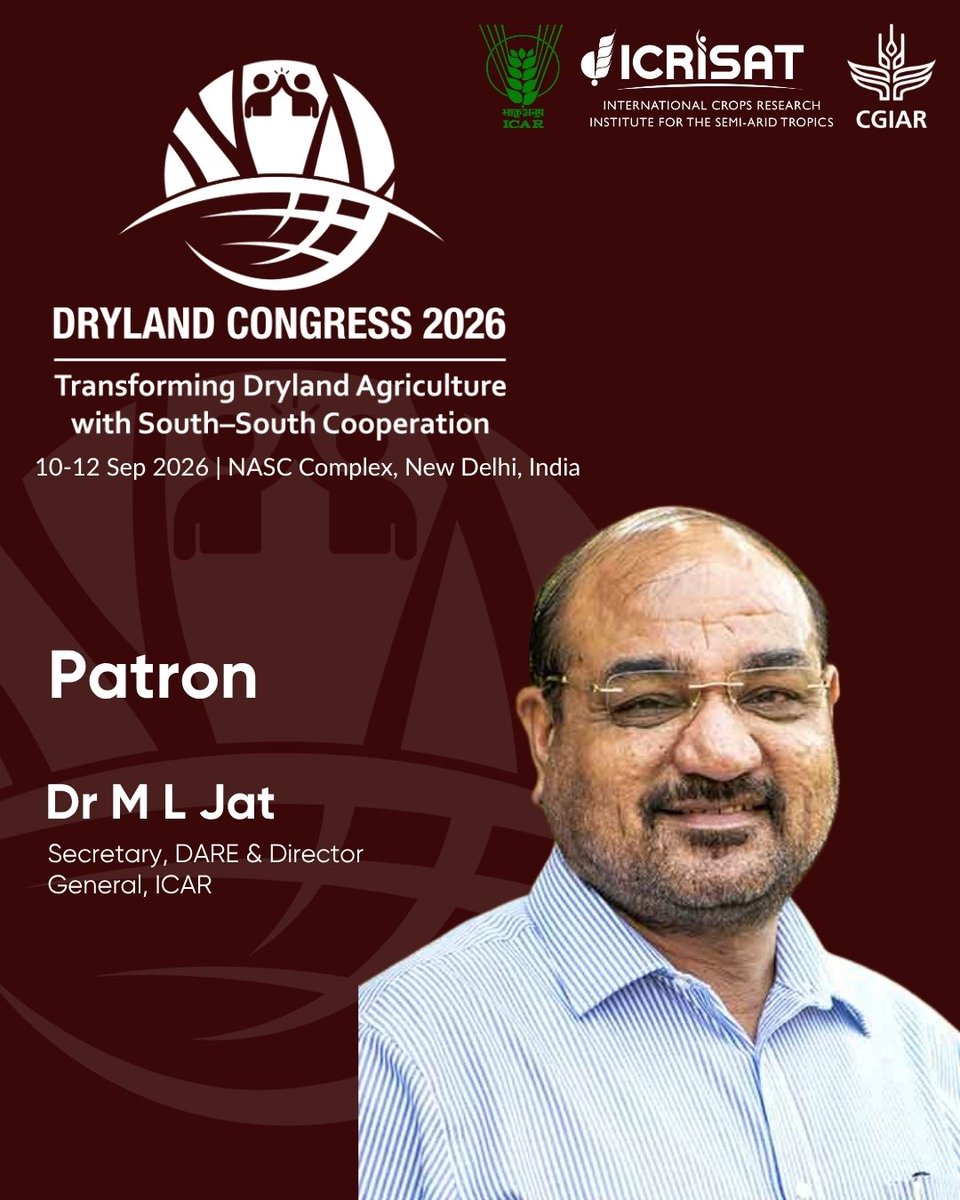 icarindia's tweet photo. 𝗠𝗲𝗲𝘁 𝘁𝗵𝗲 𝗣𝗮𝘁𝗿𝗼𝗻 |  #Drylandcongres𝟮𝟬𝟮𝟲 | 𝟭𝟬–𝟭𝟮 𝗦𝗲𝗽𝘁𝗲𝗺𝗯𝗲𝗿 | 𝗡𝗲𝘄 𝗗𝗲𝗹𝗵𝗶
Dr M. L. Jat
Secretary, DARE &amp; Director General, ICAR
A key leader advancing resilient and sustainable dryland agriculture across the Global South. https://t.co/aBTQUrCzsk