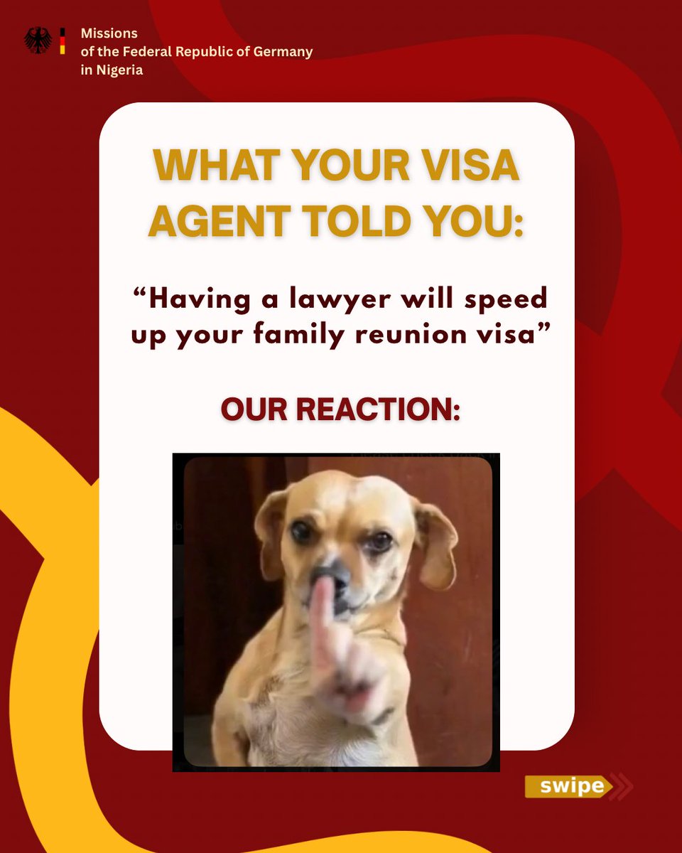 GERinNigeria's tweet photo. If you’ve heard this before, you might want to check out today’s post 👍🏼 

‼️ Beware of misinformation.
Save yourself the hassle & just ask us directly 🤷‍♀️. Tell us some of the things you’ve heard from “visa agents”in the comments ⬇️ and we’ll answer in upcoming posts.

Share 📲, follow us ✅ & see you next Wednesday 👍🏼🙂

⚠️Disclamer⚠️ - We DO NOT WORK with any “Visa Agents”! All information is freely available on our website - https://t.co/058hcKYSdC 

#VisaMythBusting