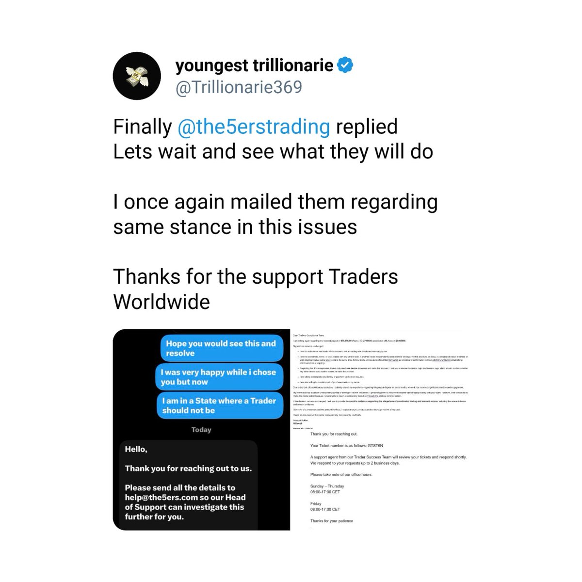 propfirmtrack's tweet photo. After so-much controversy – @the5erstrading finally responded to @Trillionarie369.

He emailed them again regarding his issue.

Hope his issue gets resolved. https://t.co/AIoskU2mC9