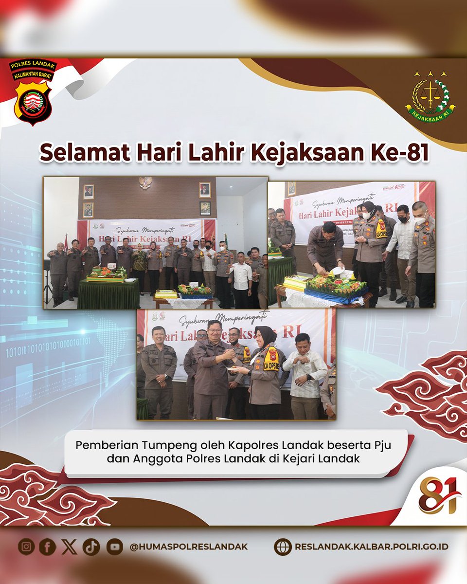 reslandak's tweet photo. Pemberian Tumpeng oleh Kapolres Landak beserta PJU dan Anggota Polres landak di Kejari Landak.
#PolresLandak #PoldaKalbar #HumasPoldaKalbar #BidHumasPoldaKalbar #BiroSdmPoldaKalbar #ditresnarkobapoldakalbar https://t.co/h8tquXeCoK