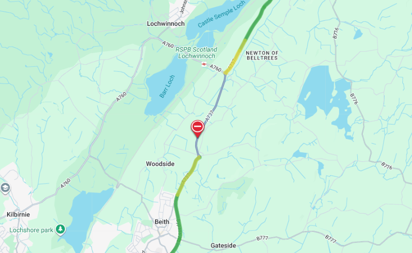trafficscotland's tweet photo. ❗️UPDATE ⌚️07:46
🗺️#A737 north of Beith
⛔️The #A737 remains ⛔️CLOSED IN BOTH DIRECTIONS⛔️ due to a road traffic collision.
🚗Drivers should use caution on approach and expect delays.
@SWTrunkRoads
Plan your journey at https://t.co/guU3RElWie https://t.co/YNuUyrMibL