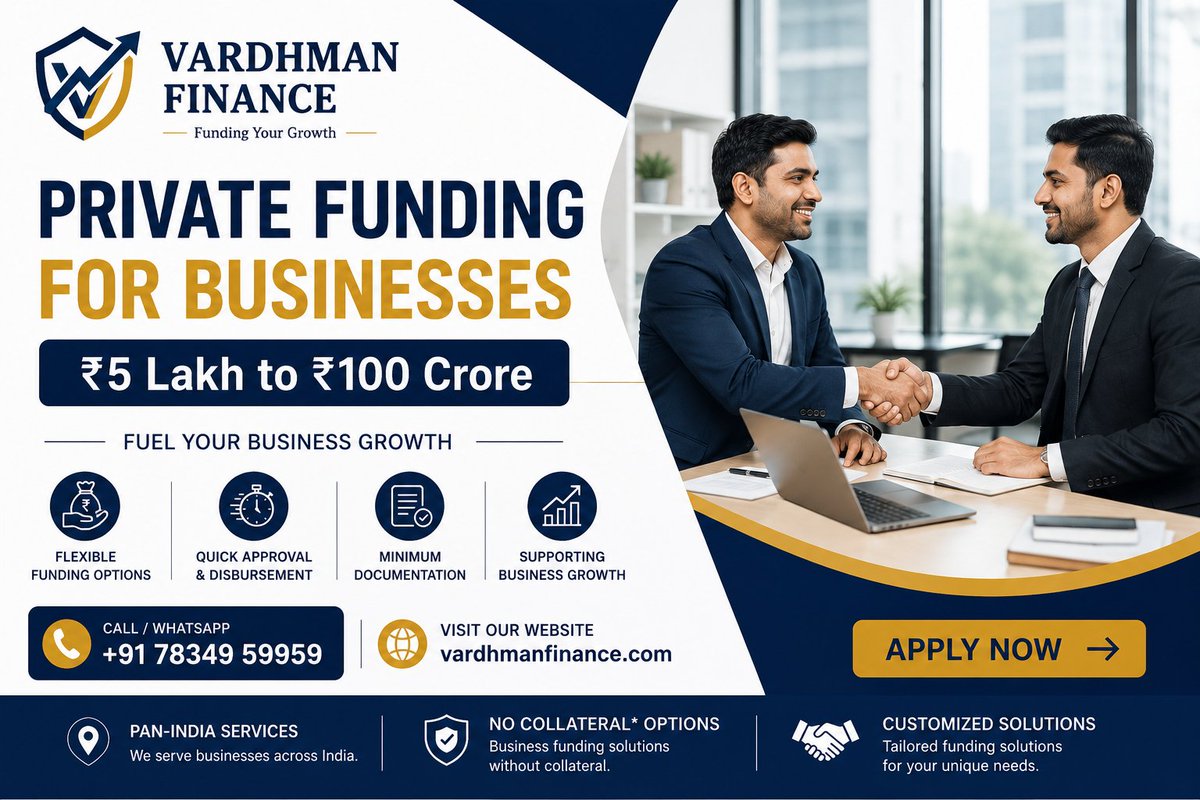 Vardhman07's tweet photo. Need funds to grow or expand your business? Get funding solutions from ₹5 Lakh to ₹100 Crore with Vardhman Finance.
📞 +91 78349 59959
🌐 https://t.co/K7jHdPQXuM
👉 Apply Now!
#PrivateFunding #BusinessFunding #BusinessFinance #BusinessGrowth #MSMEFunding #FundingSolutions https://t.co/RqfHWtyQNY