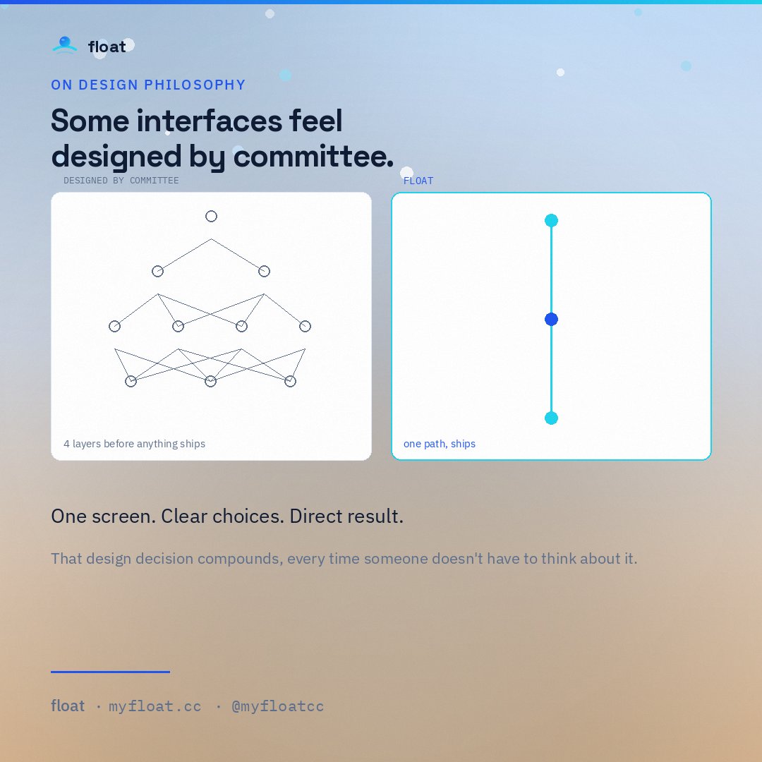 myfloatcc's tweet photo. Some interfaces feel like they’re designed by committees.

Float feels like it was designed by someone who got tired of bad onboarding.

One screen. Clear choices. Direct result.

That design decision compounds. https://t.co/PKXSz520kT