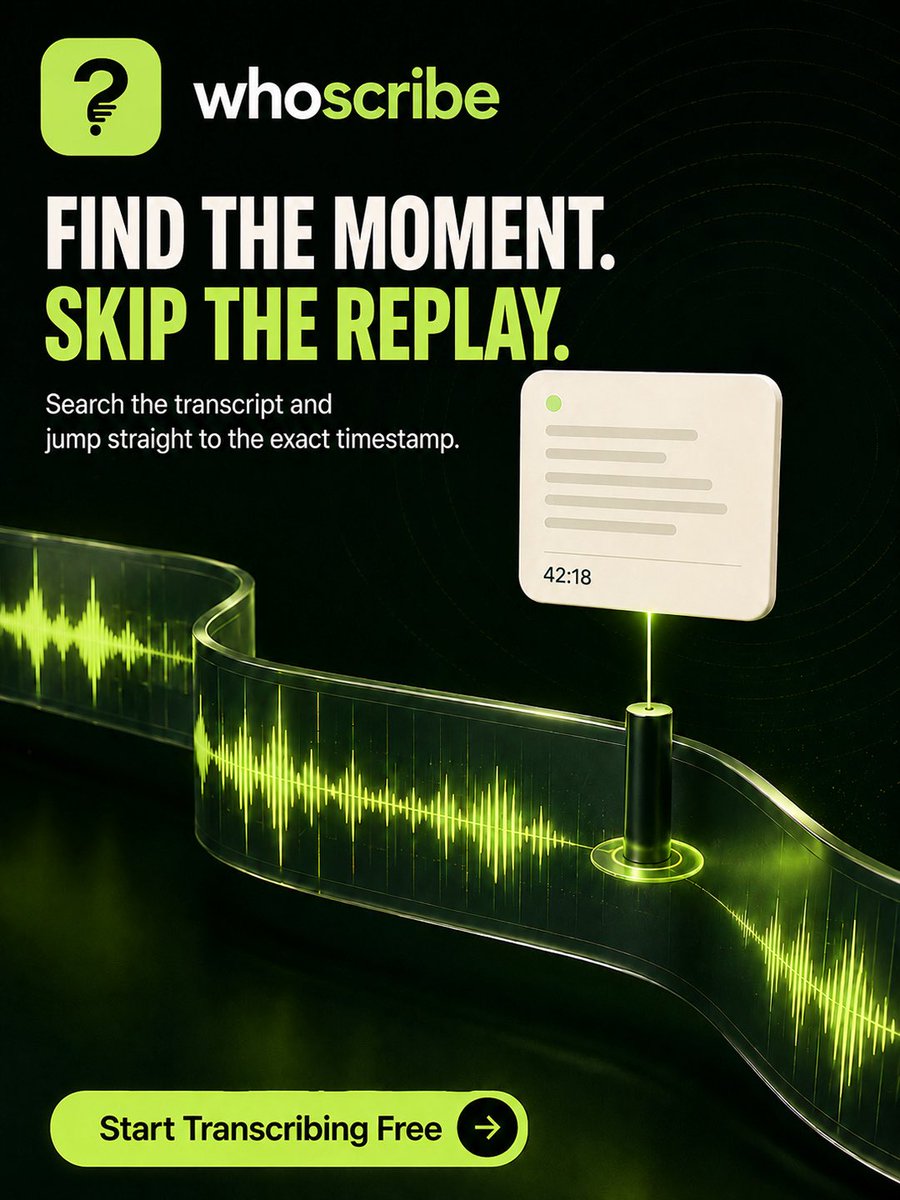 Whoscribe_ai's tweet photo. That one quote, decision, or important detail is somewhere in the recording. You just shouldn’t have to replay the whole thing to find it.

Search your WhoScribe transcript and jump straight to the moment that matters.
Find it faster. Start free via the link in bio.

#WhoScribe https://t.co/5rrMOqbZmF