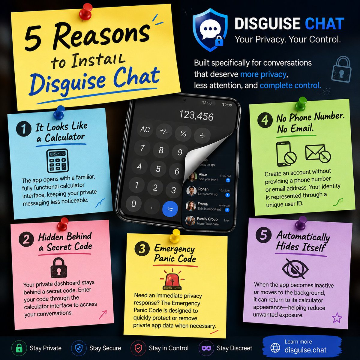 Disguisechat123's tweet photo. Your calculator has a secret.
Disguise Chat: private messaging that stays unnoticed.

✅ Looks like a real calculator
 ✅ Locked behind a secret code
 ✅ No phone number or email — just an anonymous ID
Privacy should be simple.
 https://t.co/b4wp1EjH86
#DisguiseChat #PrivacyApp https://t.co/Aj7iQVpyyf