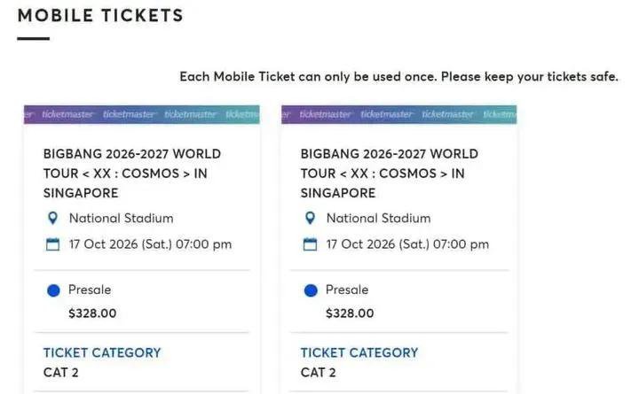 Rotich095's tweet photo. WTS/SELLING
BIGBANG 2026-2027 WORLD TOUR <XX : COSMOS> IN SINGAPORE 

📅 17 Oct 2026 (Sat) • 7:00 PM
📍 National Stadium

2XCAT 2 SGD 318
Section 113  Row 2 seats 12  and 13 together 
Reason for selling: We got extra tickets 

Dm if interested. https://t.co/isZmAPr0oT