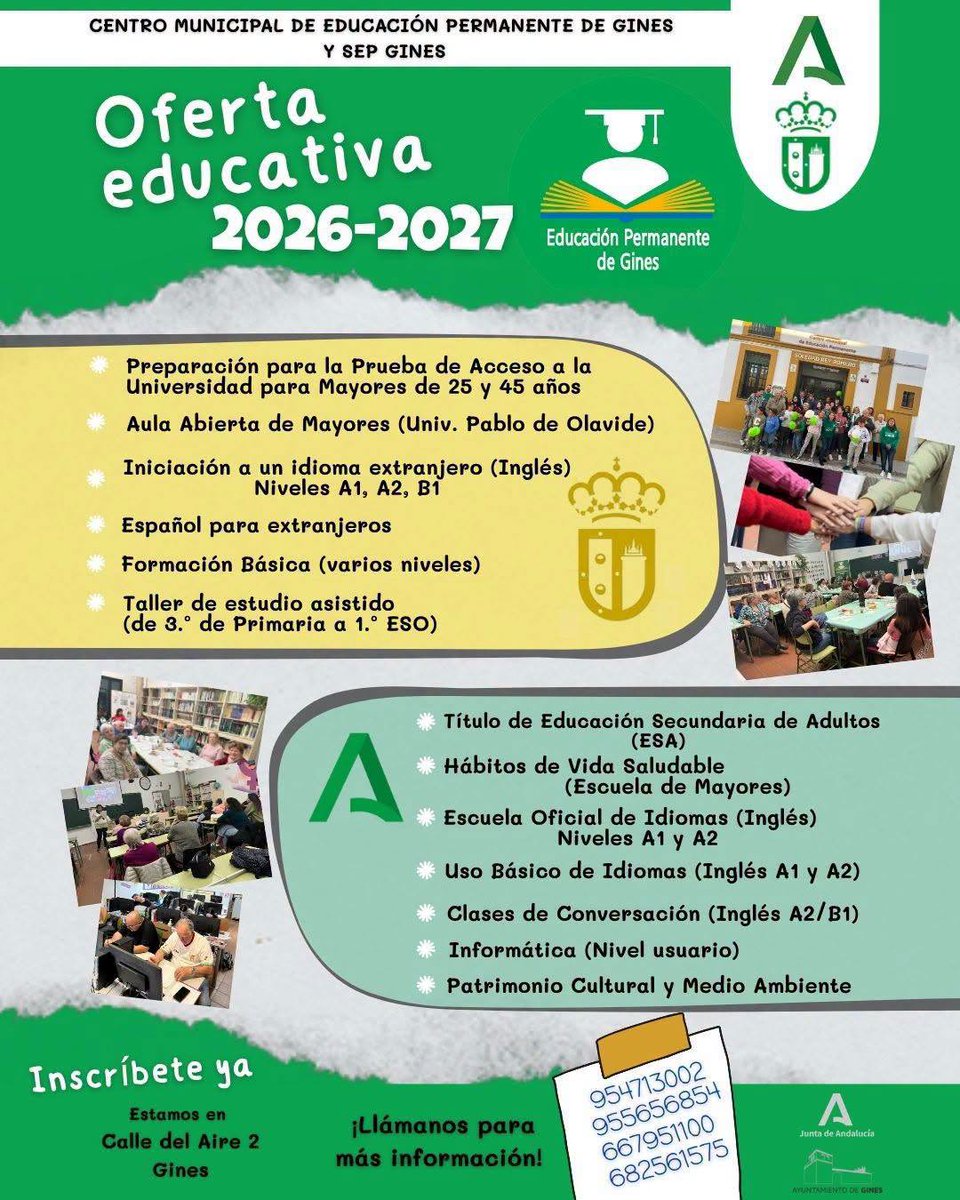 AytoGines's tweet photo. ✍🏻 RECUERDA: Ya puedes inscribirte en el Centro Municipal de Educación Permanente y la Sección de Educación Permanente de Gines para el curso 2026-2027.
➡️ Estamos en la Hacienda de la Concepción (calle de Aire, 2).
ℹ️ Más info:
https://t.co/vEbdYvnzfw

#SienteGines https://t.co/WUbTdEfNwL