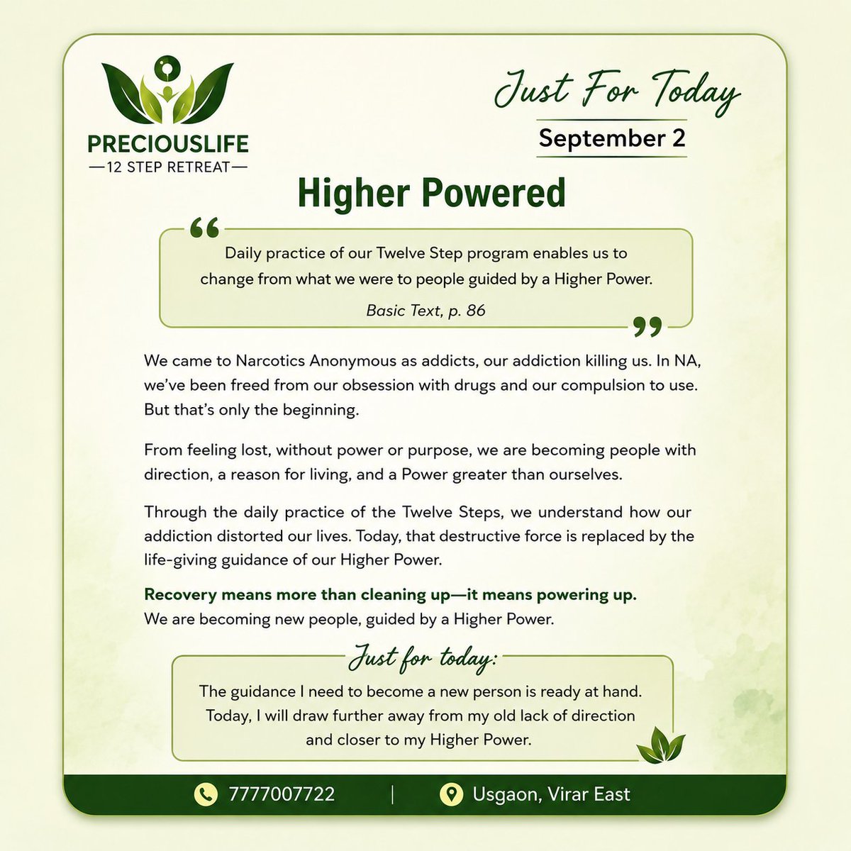 preciousli94355's tweet photo. Higher Powered 💚
Recovery is more than staying clean—it’s becoming a new person guided by a Higher Power. One day at a time. 🙏
#Recovery #NA #NarcoticsAnonymous #AddictionRecovery #12Steps #CleanAndSober #MentalHealth #RecoveryJourney #JustForToday #HigherPower #PreciousLife https://t.co/I35uF7AKps