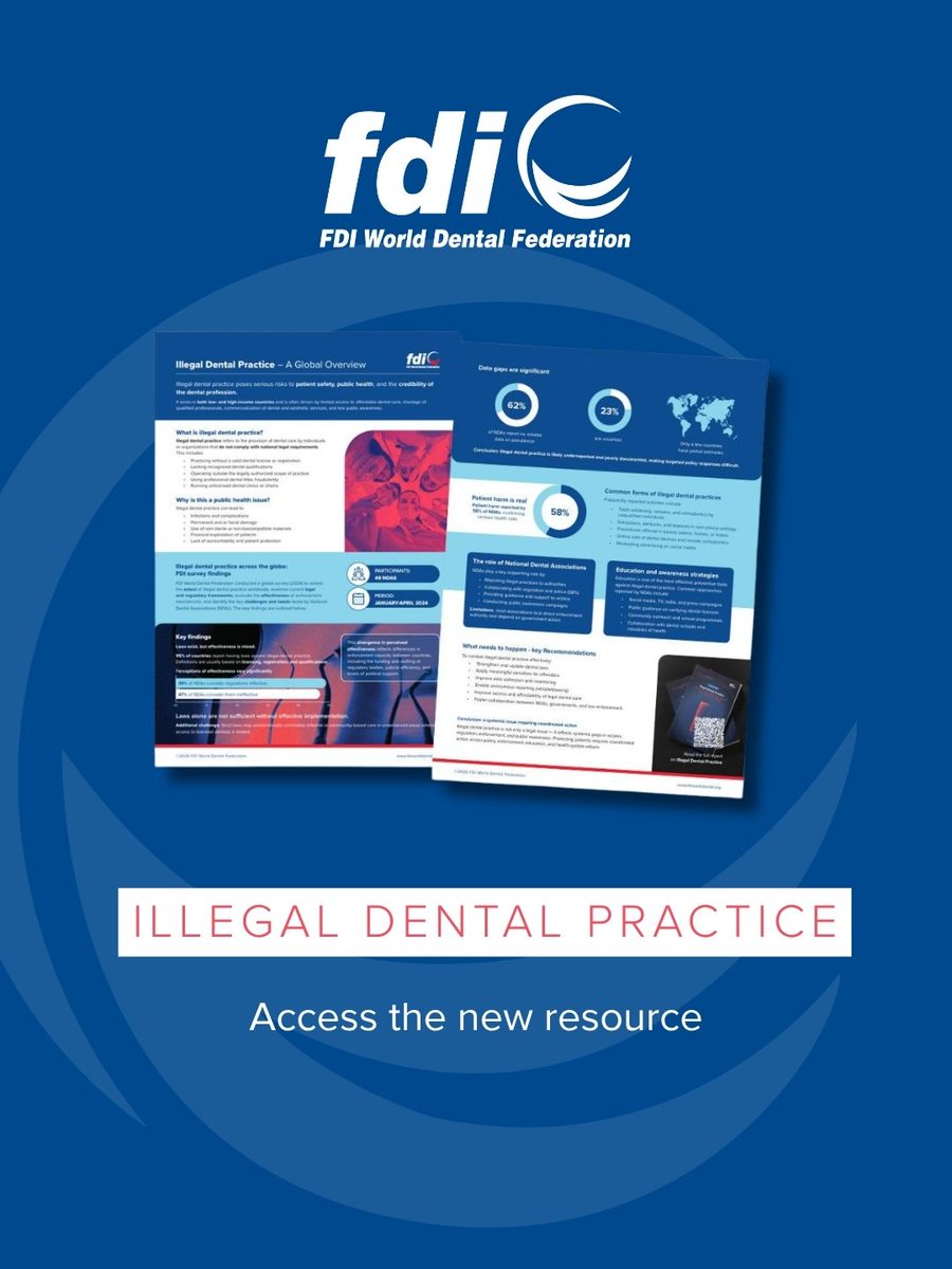 fdiworlddental's tweet photo. What do we know about illegal dental practice worldwide?

Explore FDI’s new two-page summary, bringing together key findings and recommendations from our global report on illegal dental practice.

📄 Access the resource: https://t.co/6ho1bjosTS https://t.co/EYxPligveZ