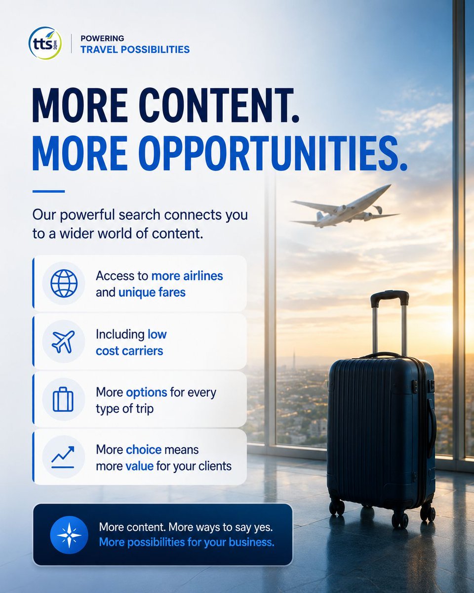 tts_travel's tweet photo. More content. More opportunities! ✈️🌍

Access more airlines, unique fares and low-cost carriers, giving your clients more choice for every type of trip.

More options! More ways to say yes!

#TravelTech #TravelAgents #TravelContent #TTS https://t.co/GF74Kky8R8