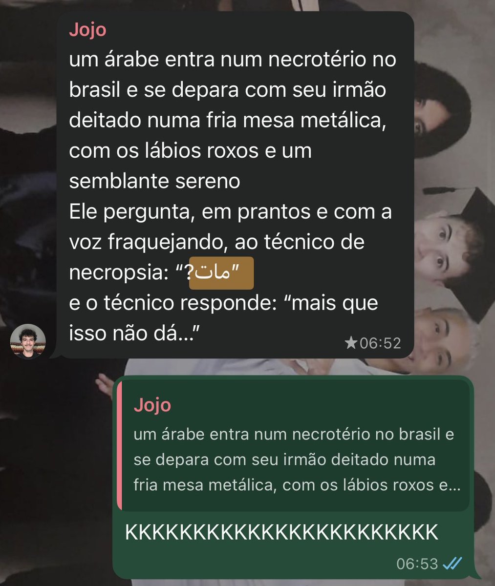 02Tonni's tweet photo. @itz_catcathy Lembrei quando falei no meu grupo de amigos que “Ele morreu” em árabe era مات (pronunciado MATA) e o fdp respondeu com a piada do século https://t.co/rfyboMabDt