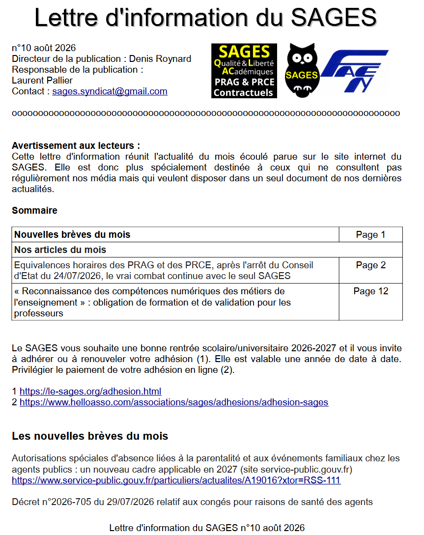 SagesSyndicat's tweet photo. La lettre d'information n°10 août 2026 est disponible en téléchargement
https://t.co/62ulvgIpoP
#PRAG #PRCE #384h #ESAS #JeNeSuisPasESAS #électionsprofessionnellesFP2026 #CSAM_ESR2026 https://t.co/uNRRL04hLX