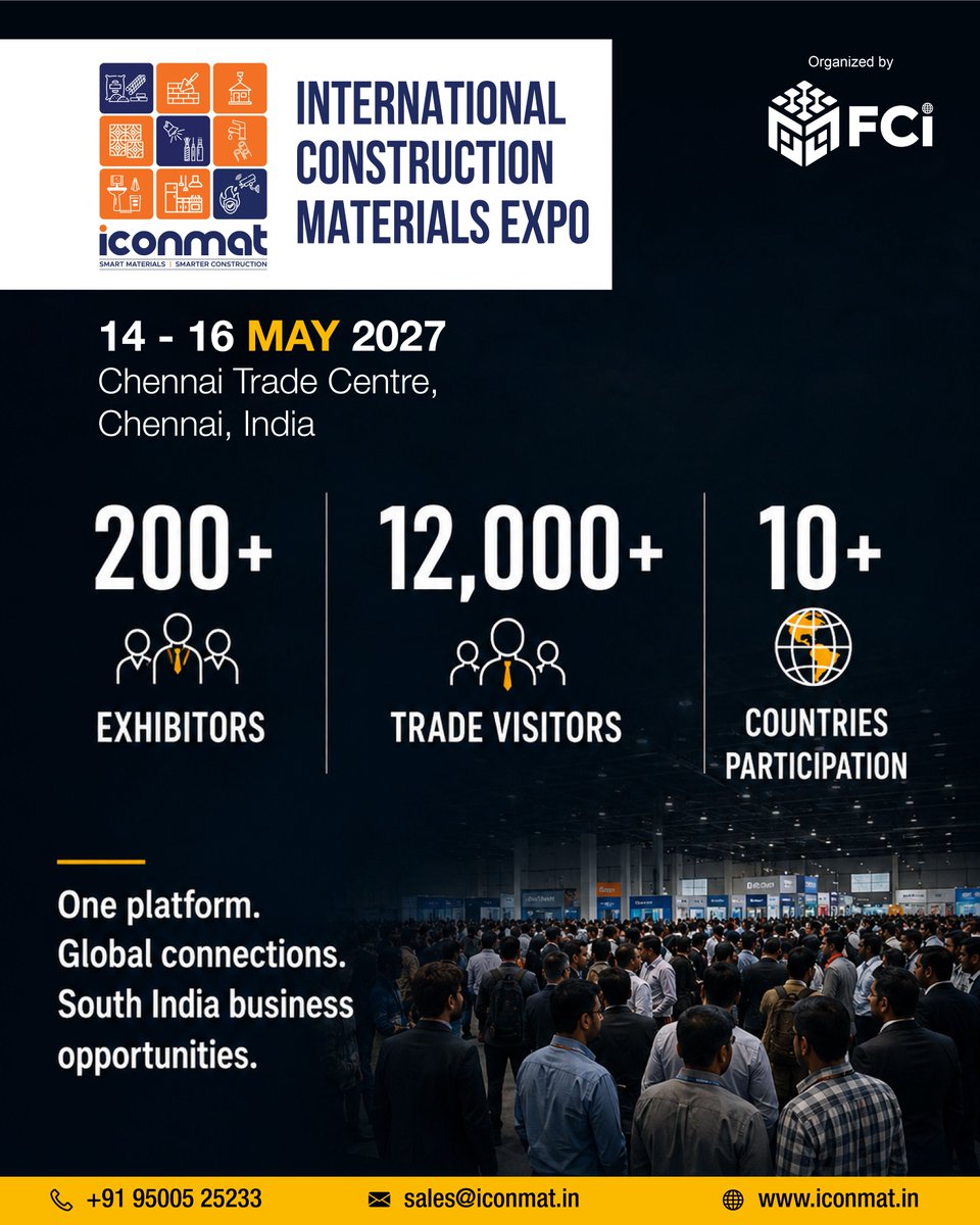 fair_connects's tweet photo. Discover innovative construction materials, meet global industry leaders &amp; unlock new business opportunities at @iconmat 2027!
📅 14–16 May 2027 📍 Chennai Trade Centre
📞 +91 95005 25233
📧 sales@iconmat.in
🌐 https://t.co/AYbGYbhqyz
#ICONMAT2027 #Construction #BuildingMaterials https://t.co/Xk4I7ogwtY