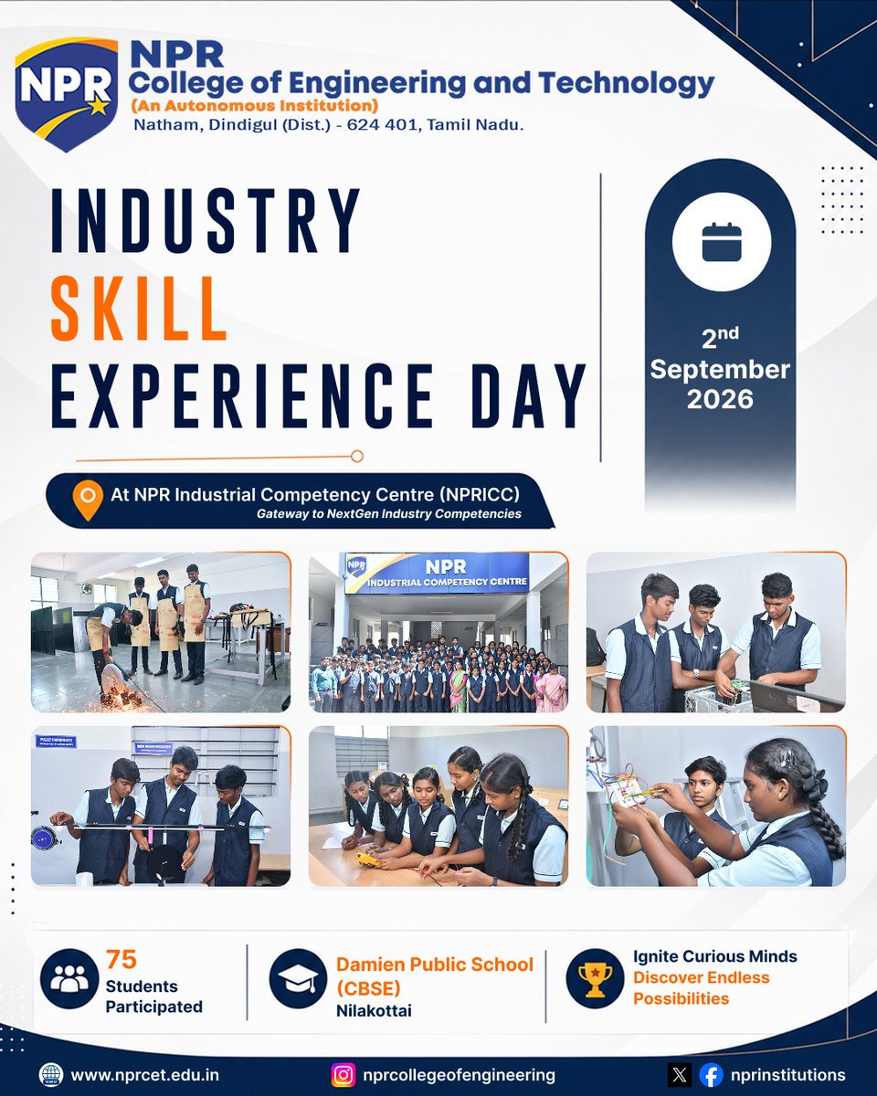 nprinstitutions's tweet photo. π NPRCET successfully hosted Industry Skill Experience Day on 02.09.2026 at NPRICC, welcoming 75 students from Damien Public School, Nilakkotai, for hands-on technical learning. ππΌβ¨
#NPR #NPRCET #NPRICC #DamienPublicSchool #AnnaUniversity https://t.co/S7Rlalkuoe