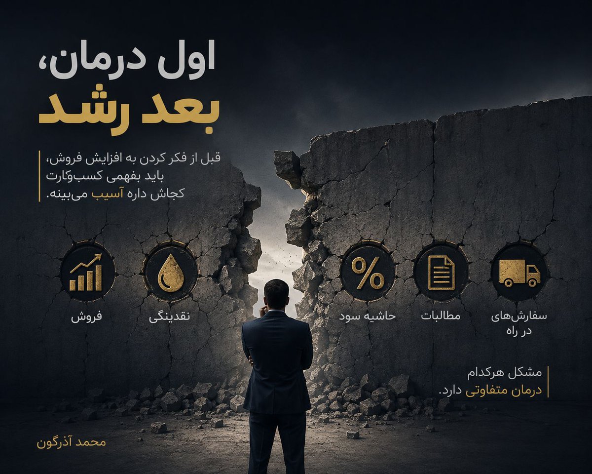iazargoun's tweet photo. وقتی بحران میاد، اولین کار مدیرعامل نباید افزایش فروش باشه؛ باید بفهمه کسب‌وکار دقیقاً کجاش داره آسیب می‌بینه.

فروش، نقدینگی، حاشیه سود، مطالبات و سفارش‌های در راه رو جداگانه ببین. مشکل هرکدوم درمان متفاوتی داره. https://t.co/GSavxgsvRA