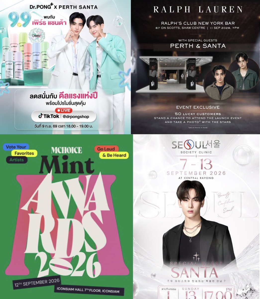 COREOPS's tweet photo. PerthSanta upcoming schedule update

03.09 - Destiny Clinic
04.09 - Seongsu (Santa & Domiia)
05.09 - Dao Coffee Trip Khao Yai
06.09 - Dao Coffee Trip Khao Yai
08.09 - BSC Cosmetology (Perth)
09.09 - Dr. PONG
11.09 - Ralph Lauren Singapore
12.09 - Mint Awards
13.09 - Seoul Society Clinic (Santa)
17.09 - La Roche-Posay Malaysia (Perth)
19.09 - GMMTV FANDAY Osaka

03.10 - DR. Ally Chiang Mai (Perth)
04.10 - DR. Ally Chiang Mai (Perth)
17.10 - 1st Fanmeeting in Macau 
25.10 - The A Festival Paris (Jasper)

#PerthSanta #เพิร์ธแซนต้า
#PerthTanapon #Santapp