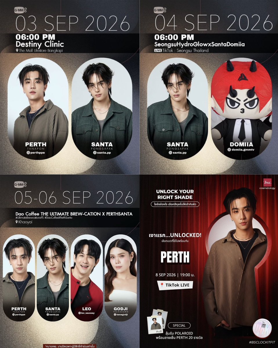 COREOPS's tweet photo. PerthSanta upcoming schedule update

03.09 - Destiny Clinic
04.09 - Seongsu (Santa & Domiia)
05.09 - Dao Coffee Trip Khao Yai
06.09 - Dao Coffee Trip Khao Yai
08.09 - BSC Cosmetology (Perth)
09.09 - Dr. PONG
11.09 - Ralph Lauren Singapore
12.09 - Mint Awards
13.09 - Seoul Society Clinic (Santa)
17.09 - La Roche-Posay Malaysia (Perth)
19.09 - GMMTV FANDAY Osaka

03.10 - DR. Ally Chiang Mai (Perth)
04.10 - DR. Ally Chiang Mai (Perth)
17.10 - 1st Fanmeeting in Macau 
25.10 - The A Festival Paris (Jasper)

#PerthSanta #เพิร์ธแซนต้า
#PerthTanapon #Santapp