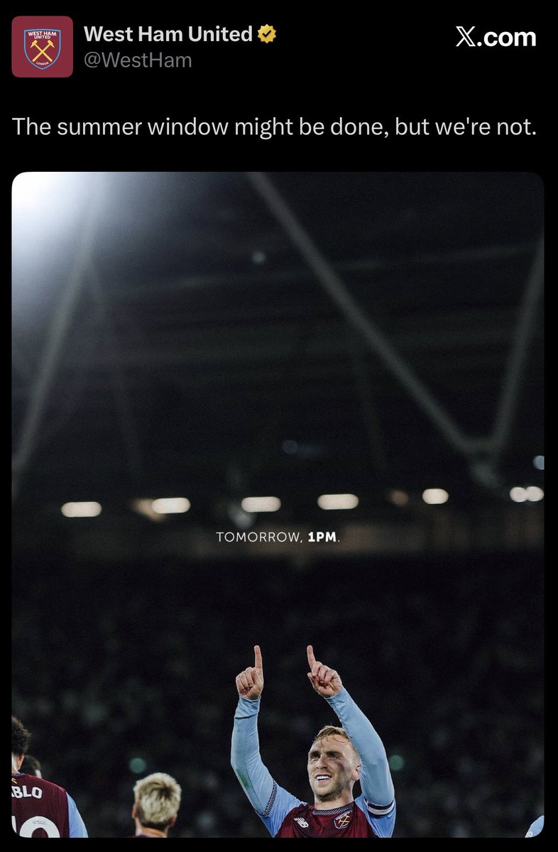 westhamfan86's tweet photo. 5 hours till West Ham announcement
It’s either 

Just announcing the signing of Boiro. (Seems a little dramatic just for this though)

Announcing the signing of Another mystery player or more than one. (Most likely imo) 

Something regarding the ownership. 
And if it is feels like could be big. Because believe something big is coming. At 1pm today though. Unlikely but not impossible . 

Let’s wait and see. 

COYI ⚒️