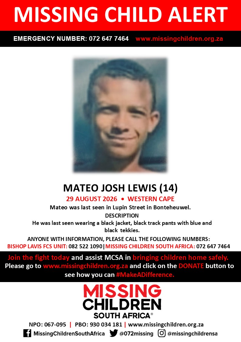 072MISSING's tweet photo. #MCSAMissing 

Mateo Josh Lewis (14) was last seen 29 August 2026.

If you personally, or your company | or your place of work, would like to make a donation to #MCSA, please click here to donate: https://t.co/x07yLZW7KQ Thank you https://t.co/tTEnY70pza