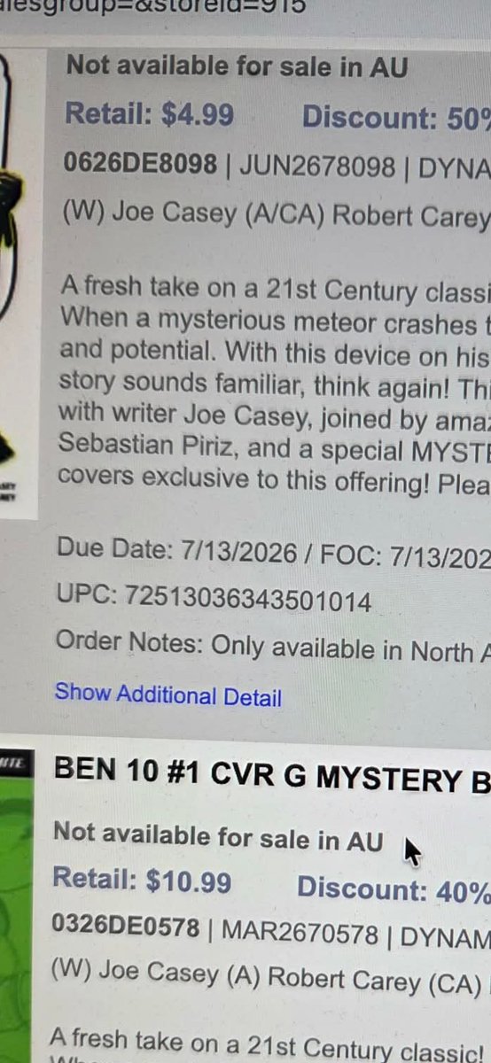 anotherclone's tweet photo. @DrunknIronRabit @79SemiFinalist @HOSTBOI Nope it's the new series. Had no problem with Boom.Dynamite don't sell half their titles in Australia. Ben10 is another big one. Even had ppl email them buy off their site and Dynamite even say they don't have licensing in Australia because they can't be bothered.
See about Ben10 https://t.co/Bvm6sLDNLA