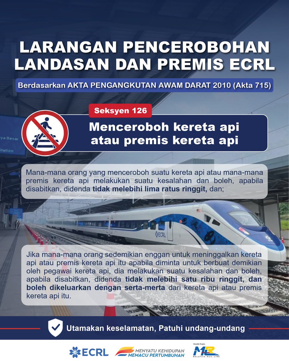 ecrlOfficial's tweet photo. Orang ramai, khususnya komuniti yang tinggal berhampiran jajaran ECRL dinasihatkan agar sentiasa mematuhi tanda amaran dan dilarang melintasi landasan rel atau menceroboh kawasan stesen sewenang-wenangnya.

Untuk maklumat lanjut: https://t.co/EmJ36NksnO https://t.co/QzaYoYfKsd
