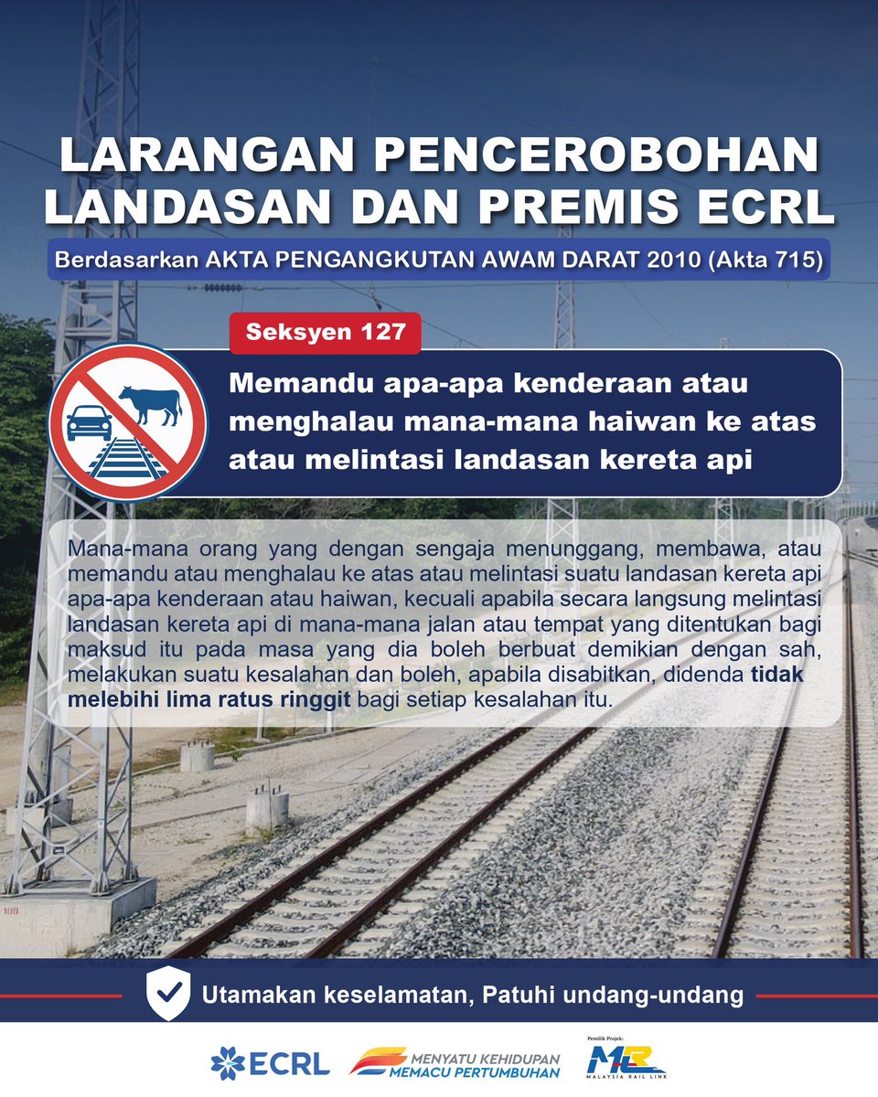 ecrlOfficial's tweet photo. Orang ramai, khususnya komuniti yang tinggal berhampiran jajaran ECRL dinasihatkan agar sentiasa mematuhi tanda amaran dan dilarang melintasi landasan rel atau menceroboh kawasan stesen sewenang-wenangnya.

Untuk maklumat lanjut: https://t.co/EmJ36NksnO https://t.co/QzaYoYfKsd