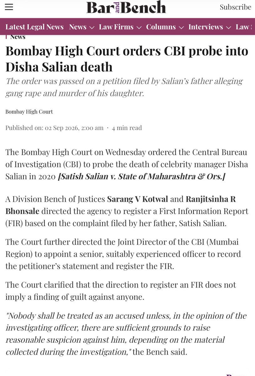 itsPPP4747's tweet photo. @sardesairajdeep You always have the rush to say half baked news or stand on the wrong side⁉️🙄😡

“Nobody shall be treated as an accused unless, in the opinion of the investigating officer, there are sufficient grounds to raise reasonable suspicion against him, depending on the material collected during the investigation," the Bench said.

#JusticeForSushantSinghRajput
#JusticeForDishaSalian