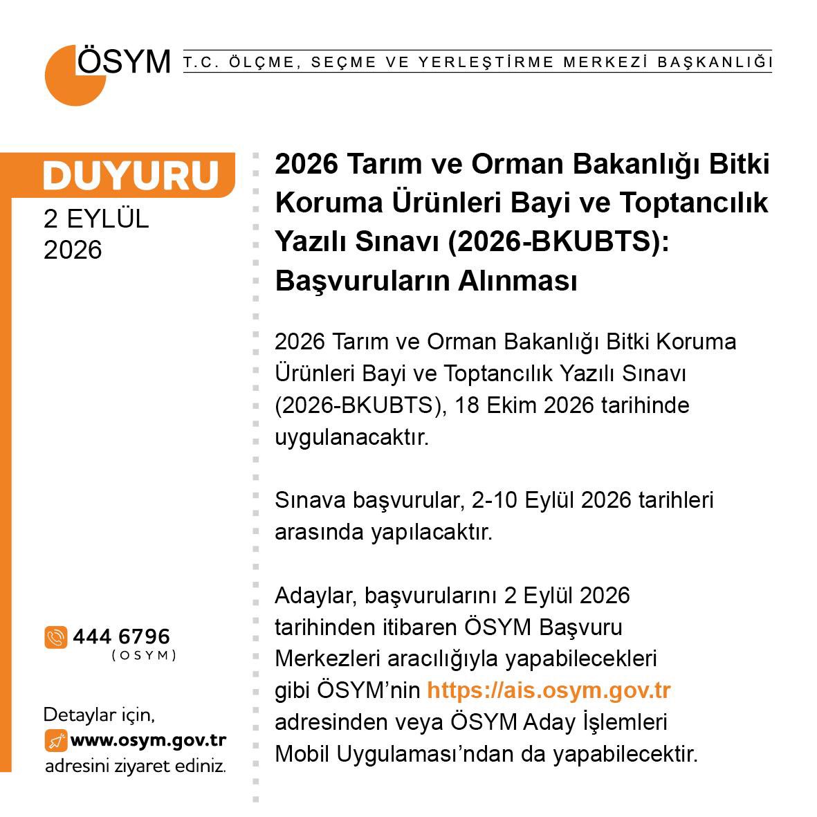 OSYMbaskanligi's tweet photo. 2026 Tarım ve Orman Bakanlığı Bitki Koruma Ürünleri Bayi ve Toptancılık Yazılı Sınavı (2026-BKUBTS): Başvuruların Alınması

https://t.co/0rGOg2Nzo5 https://t.co/QBP3fJXlyq