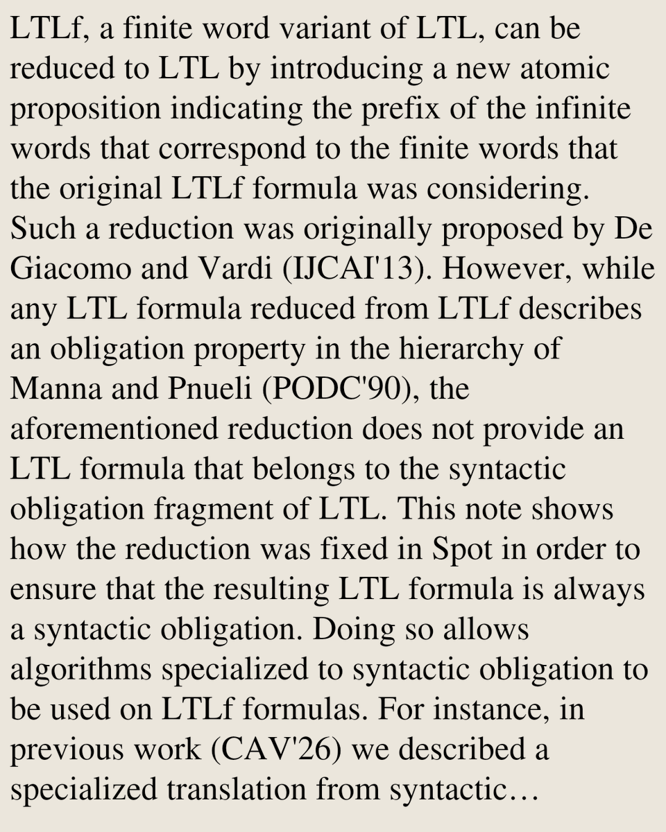FormalLanguages's tweet photo. A note on the reduction from LTLf to LTL

Alexandre Duret-Lutz
https://t.co/7fwyDbgXts [𝚌𝚜.𝙵𝙻 𝚌𝚜.𝙻𝙾] https://t.co/Vj7dymmmmS